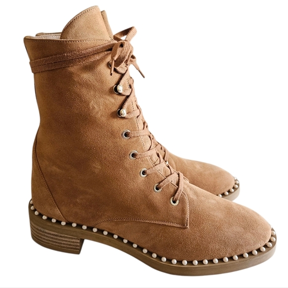 Stuart Weitzman Allie Suede Feminine Casual Leather Pearls Camel Boots Size 8. - Picture 7 of 9